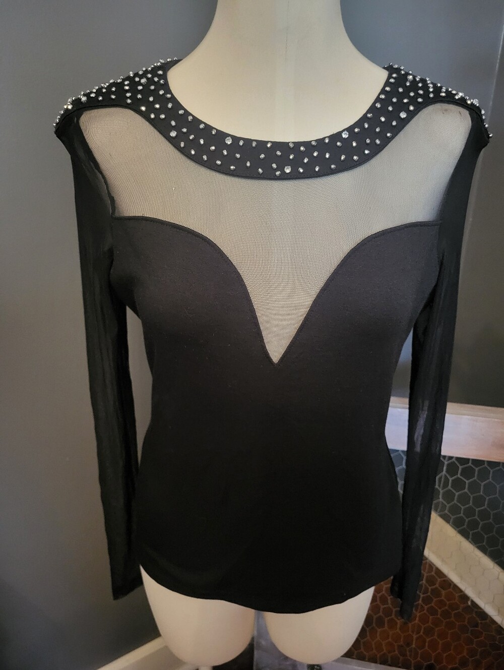 Guess Black Sheer Mesh Yoke Long Sleeve Top with Studded Neck